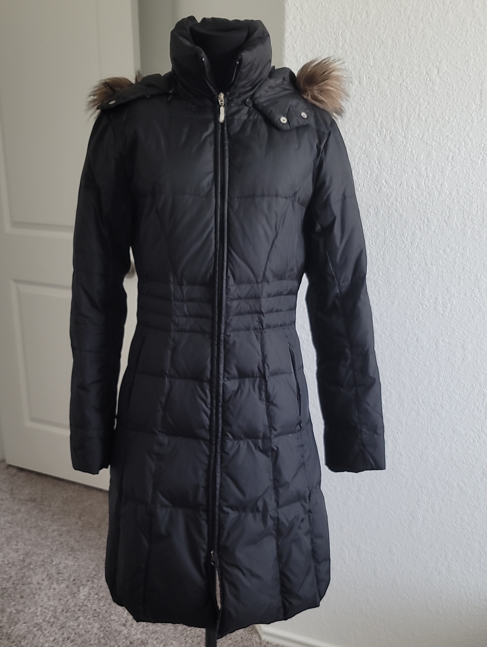 Black 60% Down Quilted Long Puffer Coat with Removable Faux-Fur Trim Hood